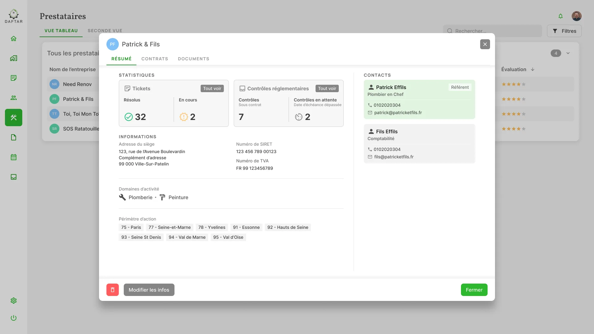 Fiche prestataire Daftar — contacts, contrats et statistiques