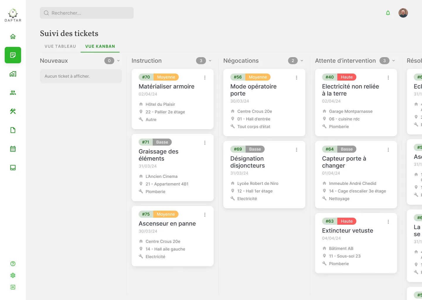 Suivi des tickets Daftar — vue kanban des interventions